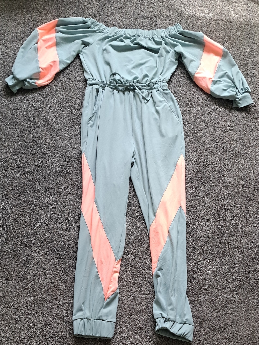 Fashion Nova Sage and Coral Off-Shoulder Colorblock Jumpsuit